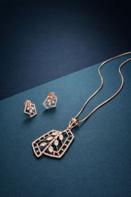 Divine Jewellery Rose Gold Geometric Leaf Pendant Set with Crystal Inlay & Minimalist Chain
