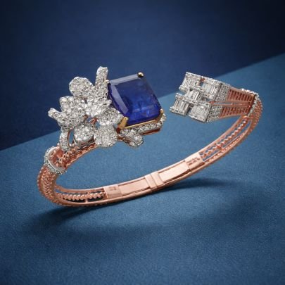 Divine Jewellery Rose Gold Plated Sapphire Blue Stone Bracelet for Women | Luxury Diamond Style Floral Kada Bracelet | Silver Base Designer Party Wear