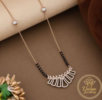 Divine Jewellery Rose Gold Plated American Diamond Mangalsutra for Women | Elegant Fan Design Black Bead Necklace