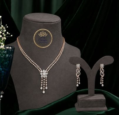 Divine Jewellery Rose Gold Plated Floral CZ Diamond Necklace Set for Women | 92.5 Silver Party Wear Jewellery with Earrings