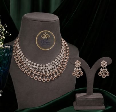 Divine Jewellery Rose Gold Plated Diamond Necklace Set for Women | 92.5 Silver Designer Bridal Necklace with Earrings