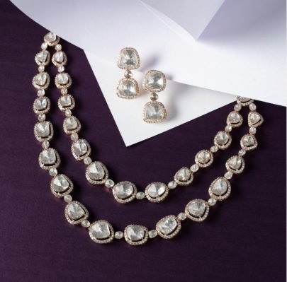 Divine Jewellery Rose Gold Polki Crystal Double Layer Designer Necklace Set