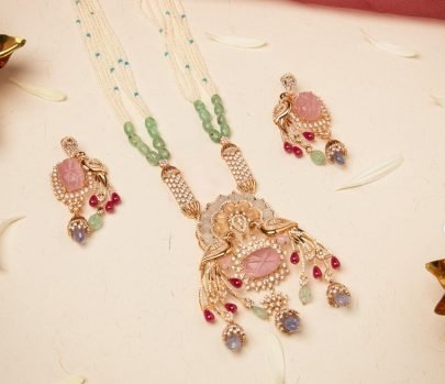 Divine Jewellery Rose Quartz Multi-Strand Beaded Designer Necklace Set with Statement Earrings