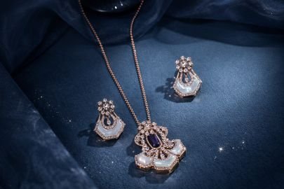 Divine Jewellery Royal Amara Rose Gold Pendant Set with Amethyst Center Stone & Ivory Enamel Petal Accents