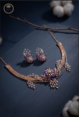 Divine Jewellery Royal Amethyst Bloom Rose Gold Collar Necklace Set with Crystal Tassel Detailing