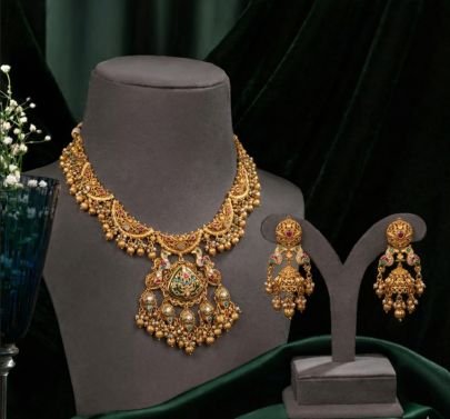 Divine Jewellery Royal Antique Temple 92.5 Silver Gold Plated Necklace Set with Pendant and Jhumka Earrings