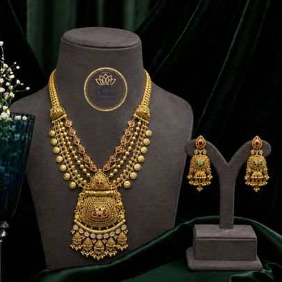 Divine Jewellery Royal Antique Layered Pendant Necklace Set with Jhumka Earrings | Gold Plated Silver Bridal Jewellery