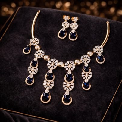 Divine Jewellery Royal Blue Drop Statement Necklace Set with Crystal Floral Motifs and Designer Earrings