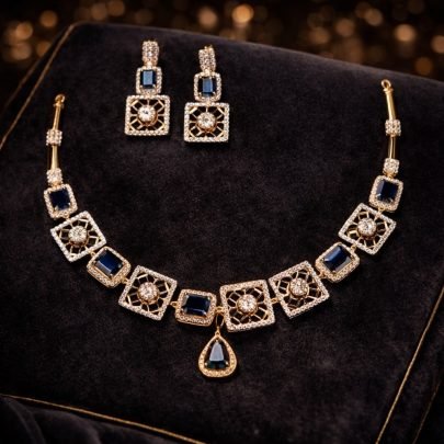 Divine Jewellery Royal Blue Geometric Crystal Necklace Set with Square Motifs and Designer Earrings
