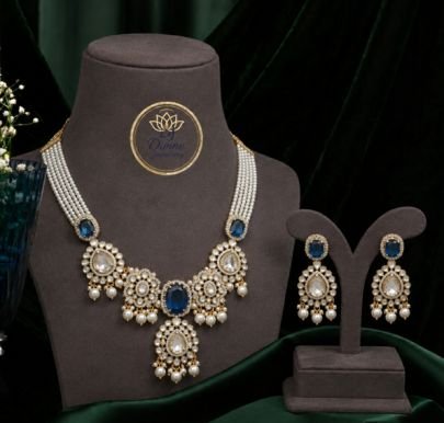 Divine Jewellery Royal Blue Kundan Pearl Necklace Set for Women | Gold-Plated Silver Bridal Statement Jewellery with Earrings