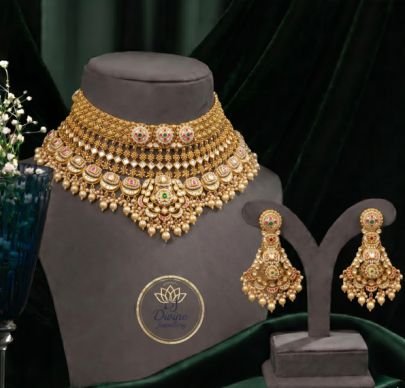 Divine Jewellery Royal Bridal Kundan Choker Necklace Set for Women | Pearl Drop Gold Plated Jewellery with Earrings | Divine Jewellery