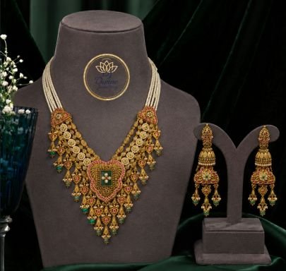 Divine Jewellery Royal Bridal Statement Necklace Set with Pearl Strands & Jhumka Earrings | Antique Gold Plated Jewellery