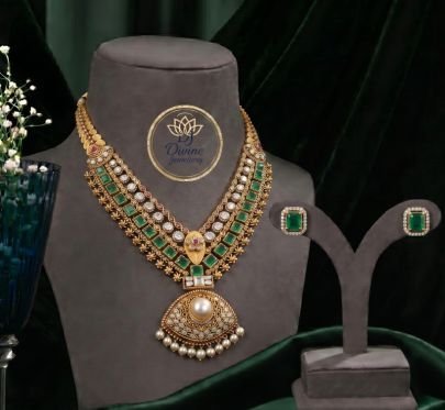 Divine Jewellery Royal Emerald Pearl Pendant Necklace Set for Women | 92.5 Silver Gold Plated AD Kundan Bridal Jewellery Set