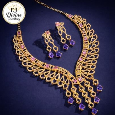 Divine Jewellery Royal Gold-Plated Purple & Pink Stone Designer Necklace Set