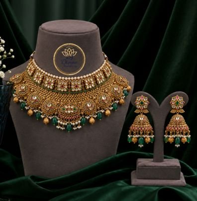 Divine Jewellery Royal Green Bead Antique Bridal Choker Set with Jhumka Earrings | 92.5 Silver Gold Plated