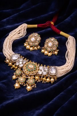 Divine Jewellery Royal Kundan Pearl Bridal Choker Necklace Set with Green Enamel & Matching Earrings
