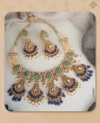Divine Jewellery Royal Kundan Bridal Choker Necklace Set with Emerald Stones and Sapphire Drops