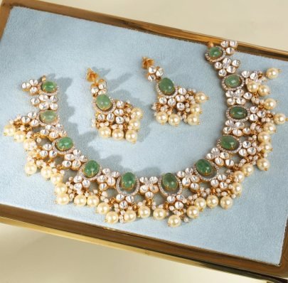 Divine Jewellery Royal Kundan Emerald Bridal Necklace Set with Pearl Drops