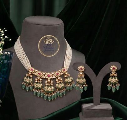 Divine Jewellery Royal Kundan Pearl Choker Necklace Set with Green Beads | Gold Plated Silver Bridal Jewellery Set