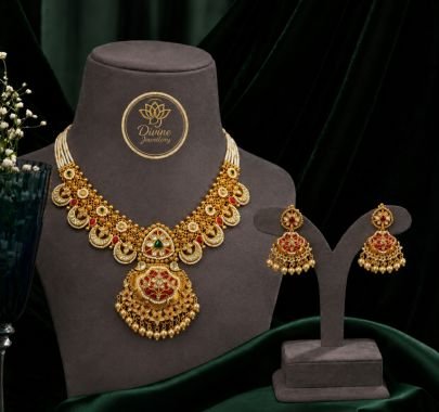 Divine Jewellery Royal Kundan Gold-Plated 92.5 Silver Bridal Necklace Set with Statement Earrings