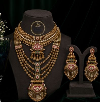 Divine Jewellery Royal Layered Bridal Necklace Set for Women | 92.5 Silver Gold Plated Antique Haram with Statement Earrings