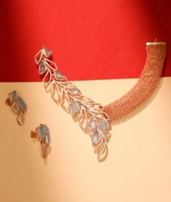 Divine Jewellery Royal Leaf Cascade Designer Choker Necklace Set with Crystal Petal Detailing