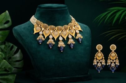 Divine Jewellery Royal Leaf Motif Statement Choker Set with Sapphire Blue Drop Danglers & Earrings in 92.5 Silver with Gold Plating