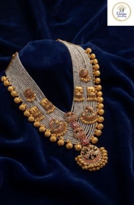 Divine Jewellery Royal Multi-Layer Pearl Haar Necklace with Temple Motifs & Pendant in 92.5 Silver with Gold Plating