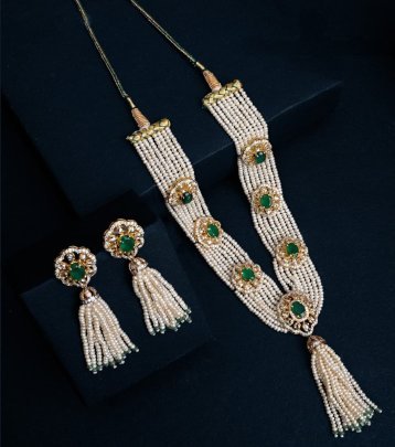 Divine Jewellery Royal Multi-Strand Pearl Long Necklace Set with Emerald Stone Accents and Tassel Drops
