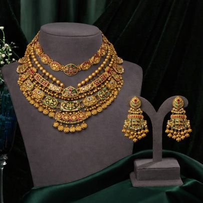 Divine Jewellery Royal Multilayer Temple 92.5 Silver Gold Plated Necklace Set with Meenakari Work and Jhumka Earrings