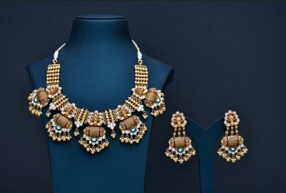 Divine Jewellery Royal Navratna Drum Motif Temple Bridal Necklace Set