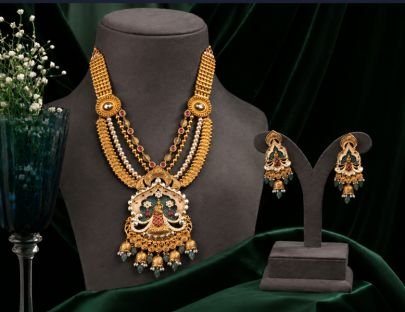 Divine Jewellery Royal Peacock Design Gold Plated Long Necklace Set for Women | Traditional Antique Temple Jewellery with Matching Earrings | Bridal &