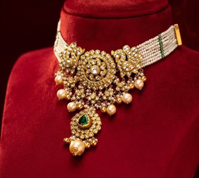 Divine Jewellery Royal Pearl Multi-String Kundan Choker with Peacock Motif & Emerald Drop in 92.5 Silver with Gold Plating