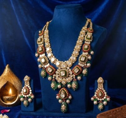 Divine Jewellery Royal Polki Bridal Necklace Set with Emerald Beads and Pearl Drops