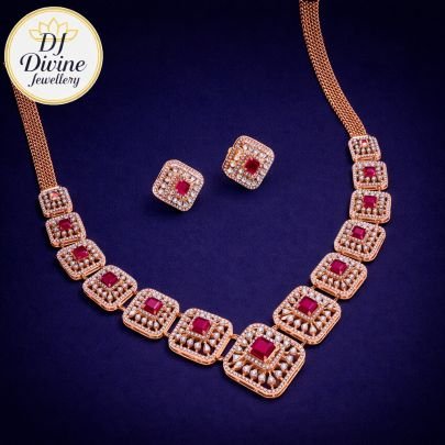 Divine Jewellery Royal Ruby Square Motif Rose-Gold Necklace Set