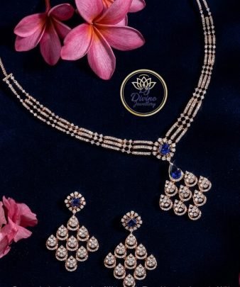 Divine Jewellery Royal Sapphire Drop Diamond-Style Necklace Set with Chandelier Earrings