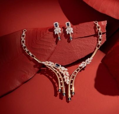 Divine Jewellery Royal Sapphire Crystal Designer Necklace Set with Leaf Motif and Elegant Drop Accents
