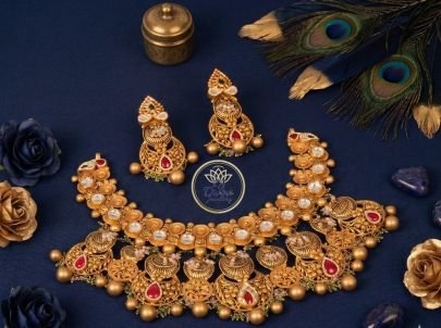 Divine Jewellery Royal Temple Kundan Bridal Necklace Set with Traditional Jhumka Earrings