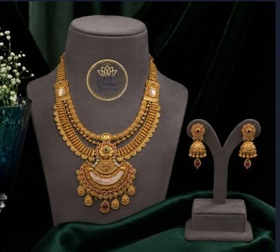 Divine Jewellery Royal Temple Style Gold Plated Long Necklace Set for Women | Antique Traditional Bridal Jewellery with Jhumka Earrings | Heritage Wed