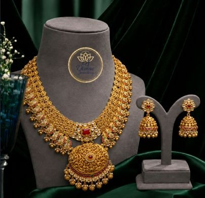 Divine Jewellery Royal Temple Bridal Necklace Set with Jhumka Earrings for Women | 92.5 Silver Gold Plated Jewellery