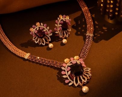 Divine Jewellery Ruby Crystal Floral Designer Necklace Set with Pearl Drop Earrings