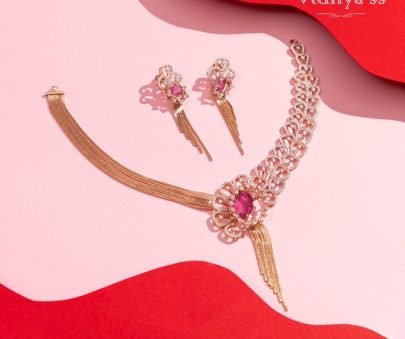 Divine Jewellery Ruby Crystal Lace Designer Necklace Set with Elegant Tassel Earrings