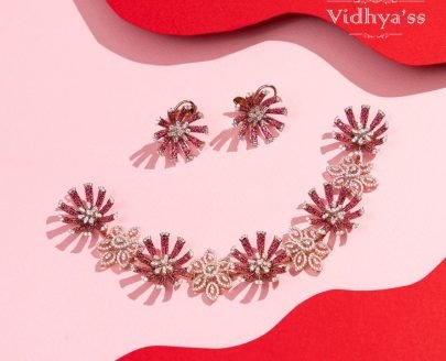 Divine Jewellery Ruby Floral Crystal Designer Necklace Set with Statement Earrings