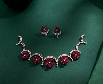 Divine Jewellery Ruby Floral Crescent Diamond-Style Rose Gold Necklace Set with Matching Earrings