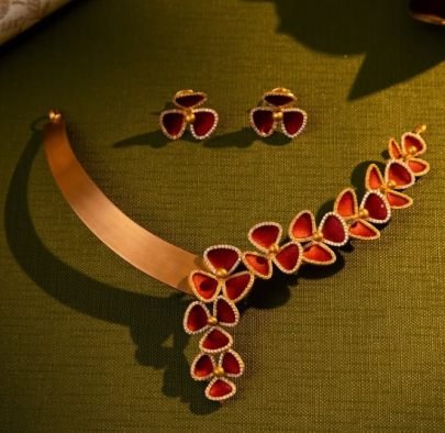 Divine Jewellery Ruby Petal Floral Designer Necklace Set with Minimalist Stud Earrings