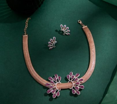 Divine Jewellery Ruby Petal Floral Diamond-Style Rose Gold Necklace Set with Matching Designer Earrings