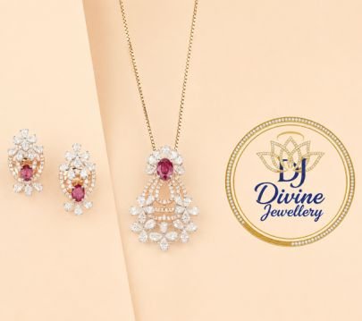 Divine Jewellery Ruby Pink Stone Pendant Set for Women | 92.5 Silver Rose Gold Plated CZ Diamond Necklace with Earrings