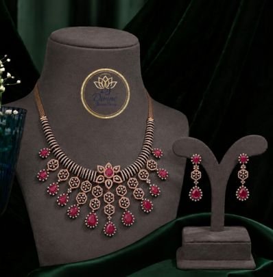 Divine Jewellery Ruby Red Stone Antique Necklace Set for Women | Gold-Plated Silver Designer Wedding & Party Wear Jewellery with Earrings