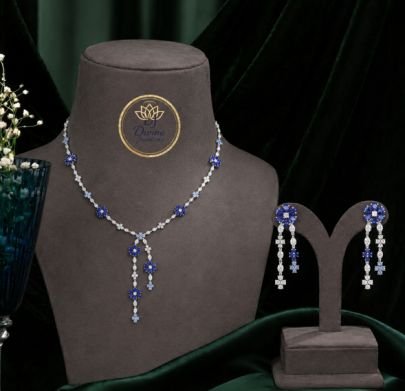 Divine Jewellery Sapphire Blue Diamond Necklace Set for Women | Silver Plated American Diamond Pendant Jewellery with Earrings