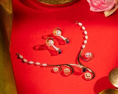 Divine Jewellery Sapphire Crystal Spiral Designer Necklace Set with Elegant Drop Earrings